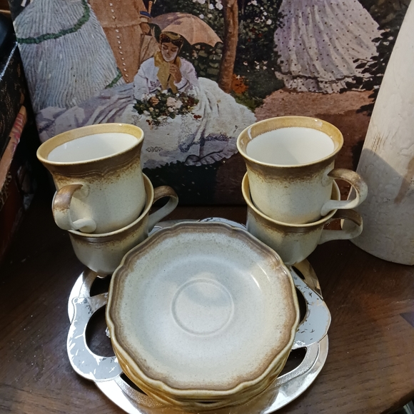 80's Mikasa WHOLE WHEAT Cream Center Brown Edge Stoneware Cups&Saucers Set 4. - Picture 8 of 16